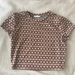 Pink Rose Brown Geometric Print Crop Top Medium Short Sleeve Boho Retro